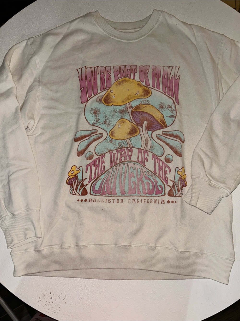Hollister Cream Crewneck Sweatshirt with Pink & Yellow Mushroom Graphic